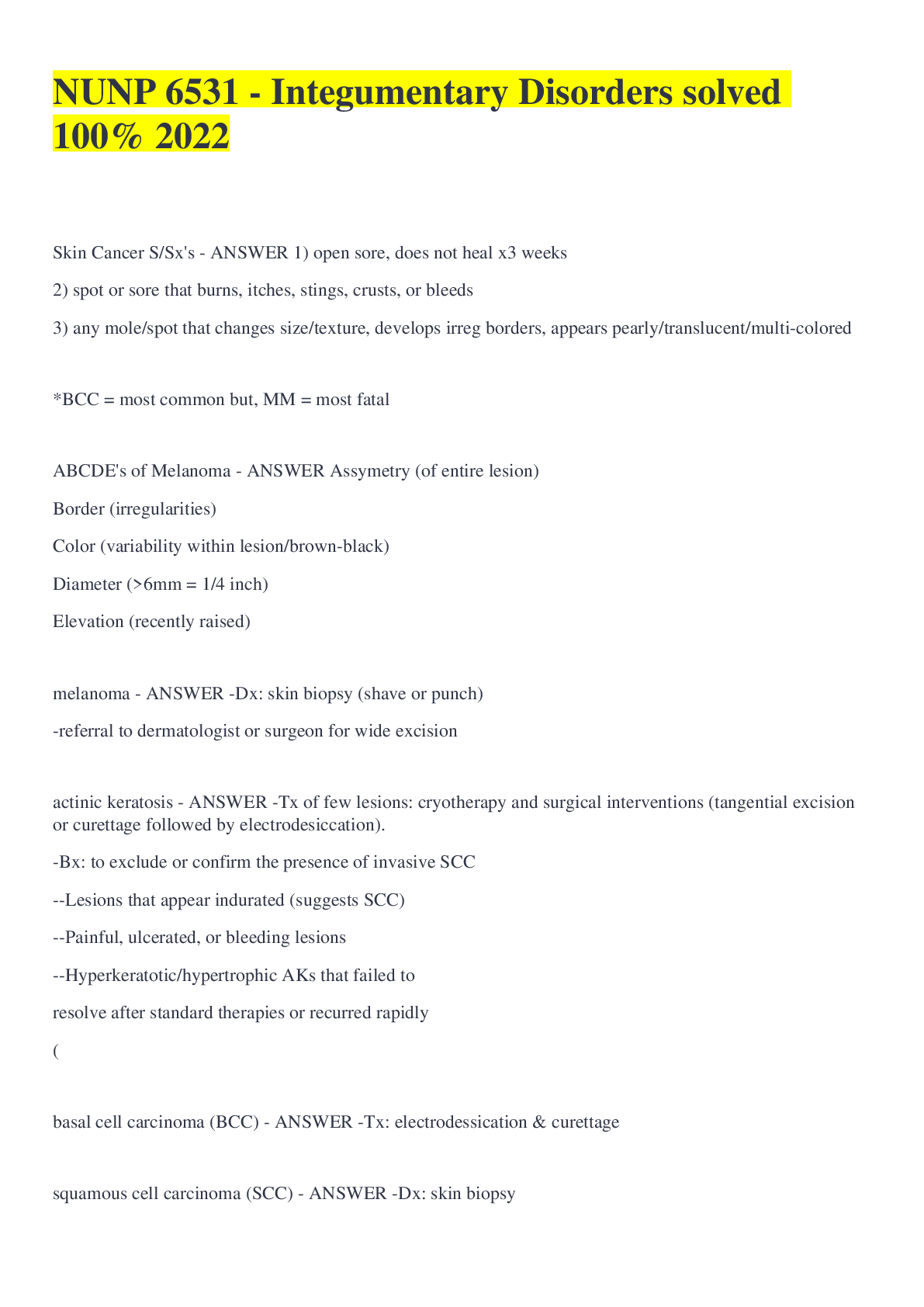 Preview image for NUNP 6531 - Integumentary Disorders solved 100% 2022